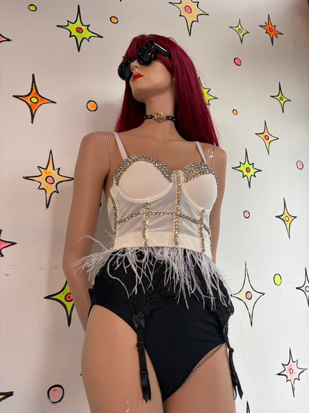 White Rhinestone Mesh Bustier Crop Top Ostrich Feather Trim Glam Baddie S