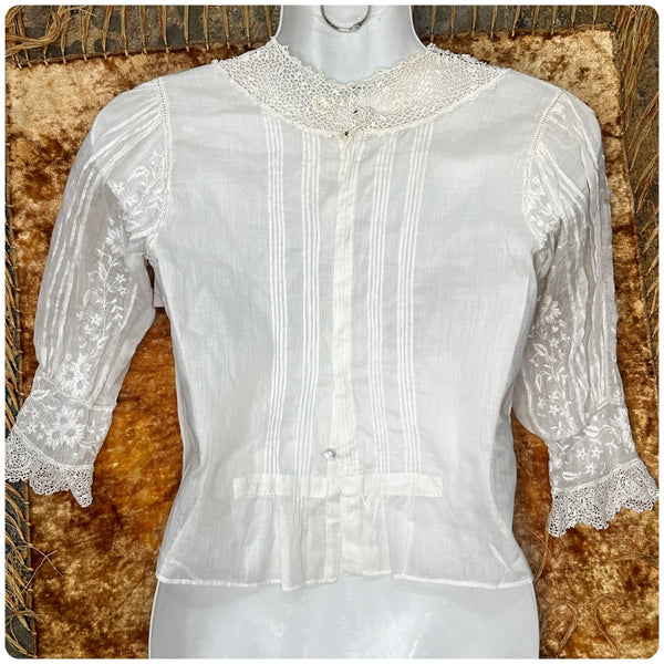 Antique 1900s | White Sheer Embroidered Art Deco Babydoll Steampunk Blouse | S