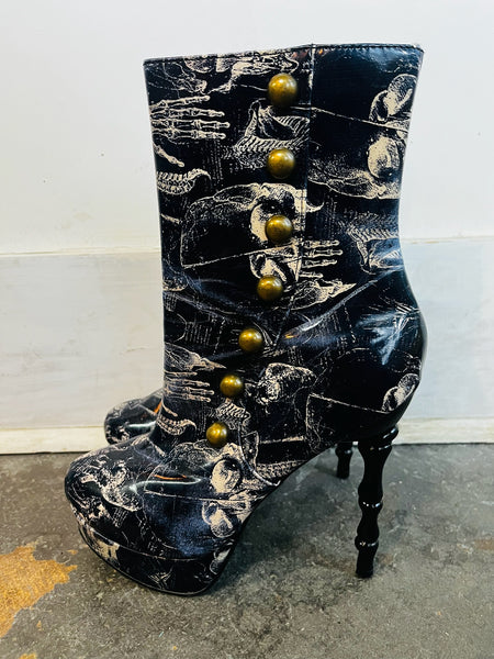 Too Fast X Ray Anatomy Skull Print Victorian Boot Rockabilly Pinup Goth - Size 8