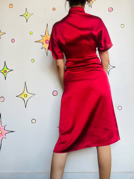 Y2K Cherry Red Silky Shirt Dress - Copycat Miu Miu Style - Small