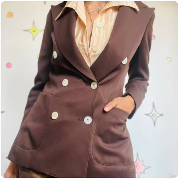 70s Evan Picone Neiman Marcus Chocolate Brown Blazer Big Collar Retro Jacket 0/2
