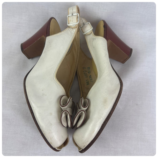 Vintage 1940s White Leather Peep Toe Slingback Heels – Pin-Up Cha Cha Style – 6
