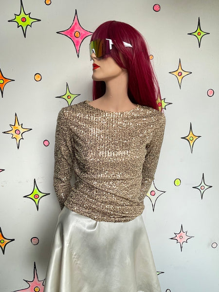 Vintage 90s Y2K Free People Gold Beaded Sequin Top Boho Glam Rockstar M