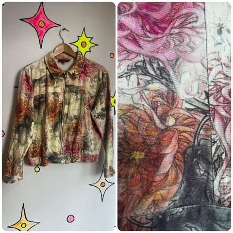 Vintage Y2K 2000s | Abstract Tattoo Print Floral Denim Jean Jacket | Size M