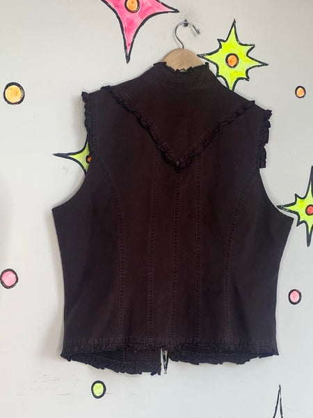 Brown Ruffled Denim Military Vest Y2K Boho Utility Grunge Layering Top - 16