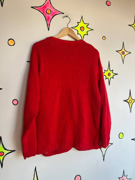 Vintage Red Christmas Sweater Tree Presents & Owl Ugly Xmas Party Sweater – M