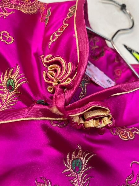 Vintage Hot Pink & Gold Satin Cheongsam Mini Dress | Geisha Kimono Style | M/L