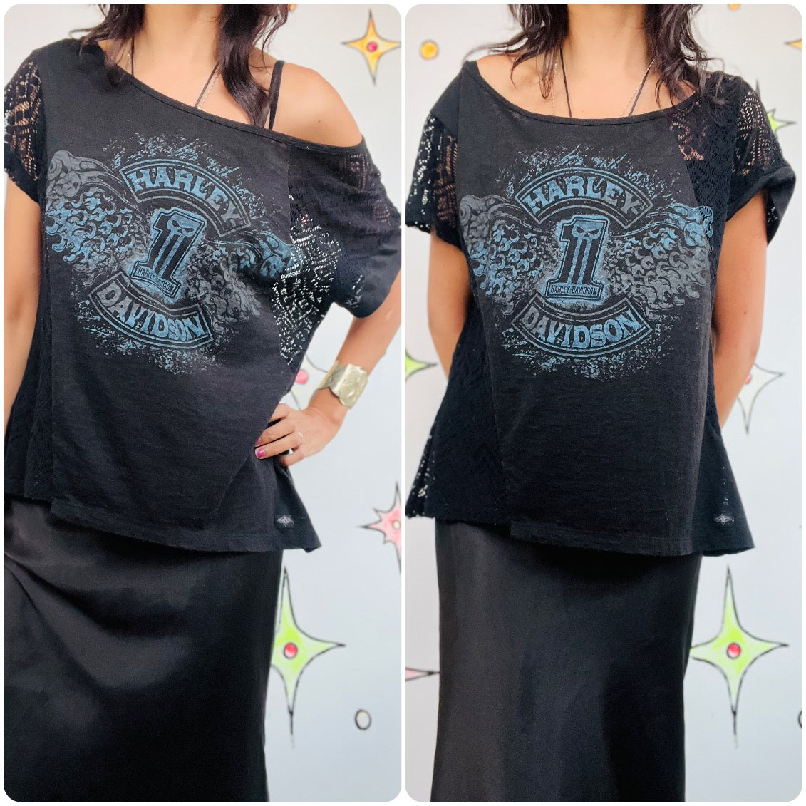 Vintage 90s Grunge Boho Harley Davidson Lace Trim Asymmetrical Sheer Top Tee XL