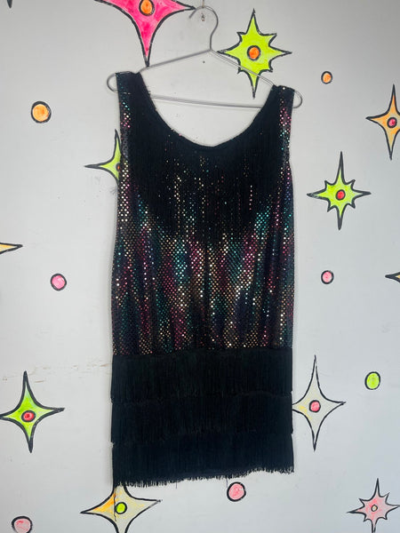 Rainbow Fringe Flapper Dress Metallic 60s GoGo Dancer Party Costume M/L
