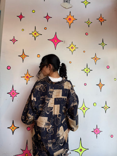 Vintage 90s Abstract Silk Shirt | Artsy Whimsy Goth Wearable Art Button Up L