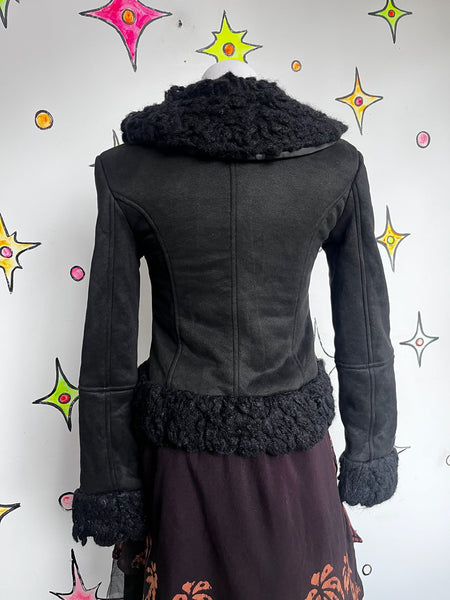 Y2K Black Faux Fur Trim Jacket Fairy Grunge Whimsy Goth Glam - XS
