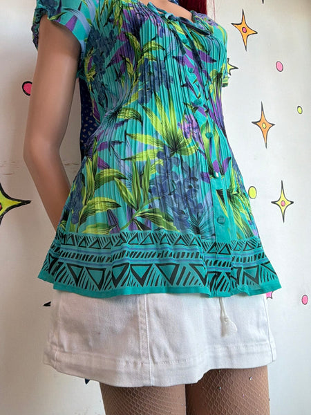 Y2K Neon Hawaiian Tank Top Miami Maximalist Fairy Grunge Cyber Y2K Pleated Top L