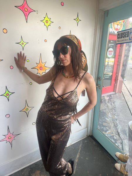 Metallic Gold Y2K Does 70s Disco Wide Leg Party Jumpsuit Retro Clubwear S/M