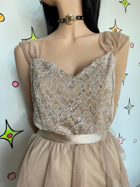 Y2K Lace Rhinestone Formal Dress Chiffon Tiered Ruffle Maxi Fairy Grunge Prom M