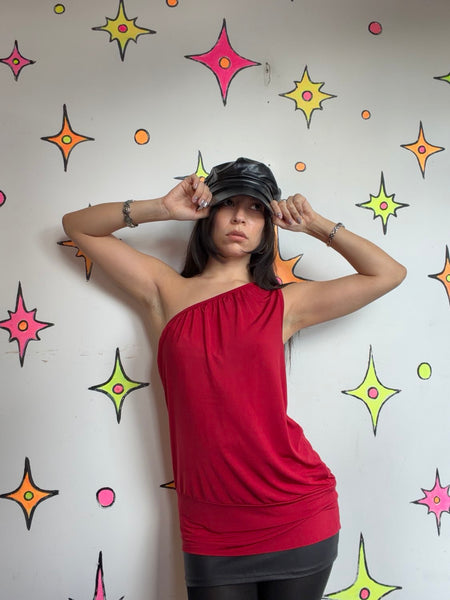 Y2K Red Asymmetrical Top | Indie Sleaze Fairy Grunge Going Out Stretch Blouse L
