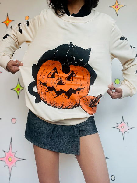 Vintage Halloween Sweater Witchy Black Cat and Pumpkin Size M