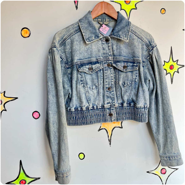 Y2K Cropped Retro 80s Style Acid Wash Denim Jacket | XS