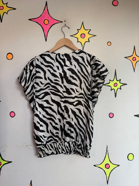 Y2K Zebra Print Bubble Hem Top McBling Glam Animal Print Party Blouse M