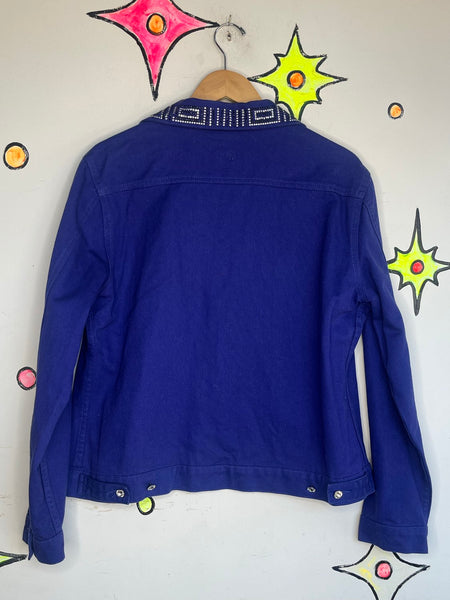 Purple Bling Denim Jacket Y2K Rhinestone Embellished Jean Jacket Maximalist L