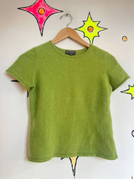 Vintage 90s Sage Green Cashmere Sweater Top – Fuzzy Short Sleeve Cozy Knit – M