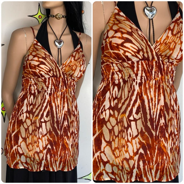 Vintage Y2K Orange Animal Print Cami | Fairy Grunge Boho Babydoll Top – L