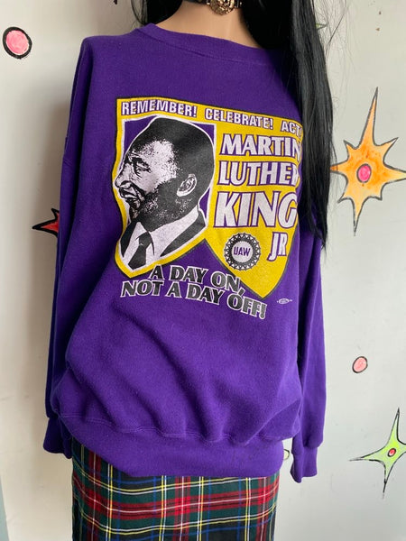 Purple MLK Graphic Pullover Novelty Sweater Cozy Streetwear Souvenir Statement S