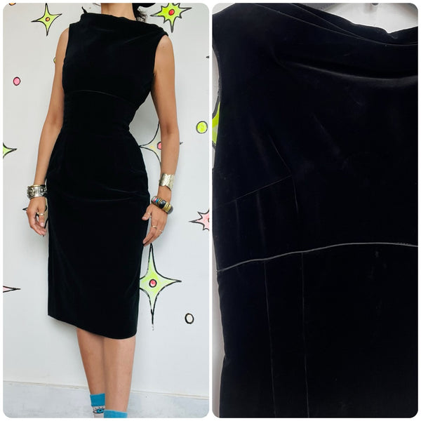 50s Black Velvet Dress | Pin Up Classic Vintage Goth Party Wiggle Glam Vixen XS