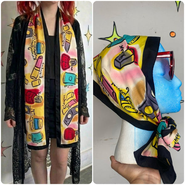 Vintage Merle Norman Makeup Print Pop Art Scarf Retro Novelty Print