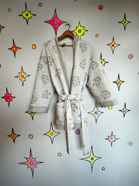 Vintage 80s Pastel QuiltedLounge Babydoll Nighty Robe Hooded Cozy Housecoat ML