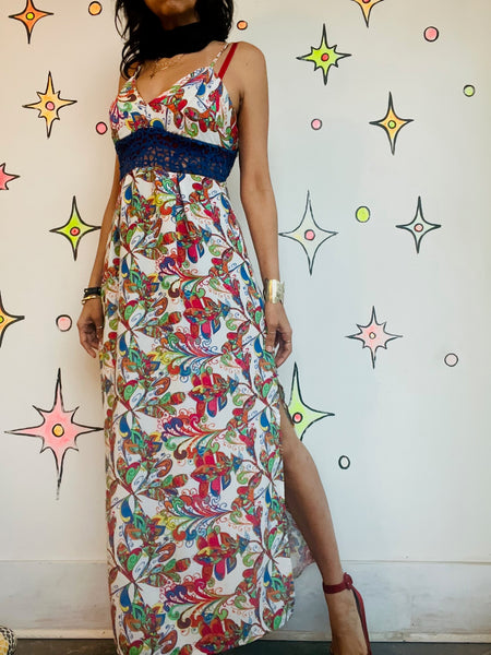 Retro 90s does 70s Rainbow Psychedelic Groovy Floral Maxi Dress S/M