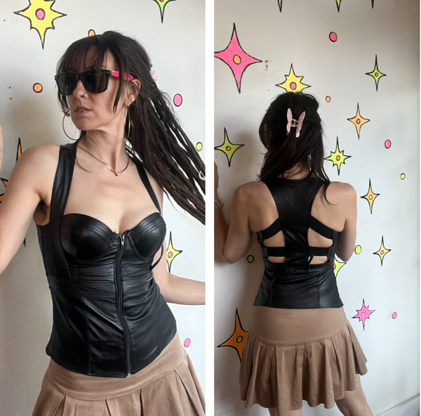 Y2K Black Zip Front Corset Top Post Apocalyptic Goth Vegan Leather Tank S