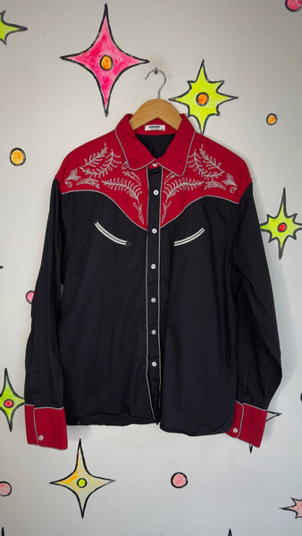 Men's Western Black and Red Pearl Snap Shirt Embroidered Cowboy Rodeo XL+