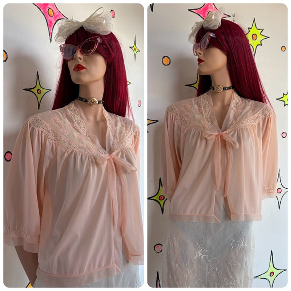 1950s Pink Pegnoir Chiffon Bed Jacket Rococo Kawaii Babydoll Boudoir Cape M/L