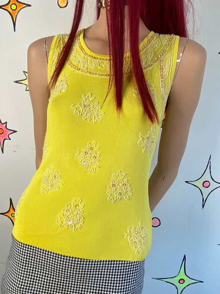 90s Y2K Canary Yellow Beaded Tank Blouse Pierri Slinky Pop Grunge S/M