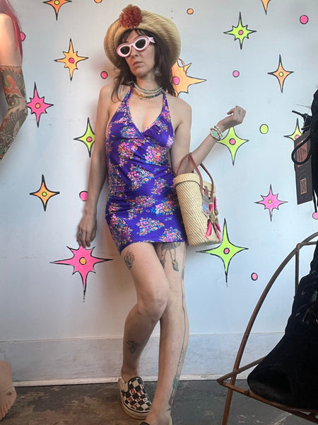 60s Purple Floral Halter Mini Dress Rainbow Mod Psychedelic Go-Go Party Dress S