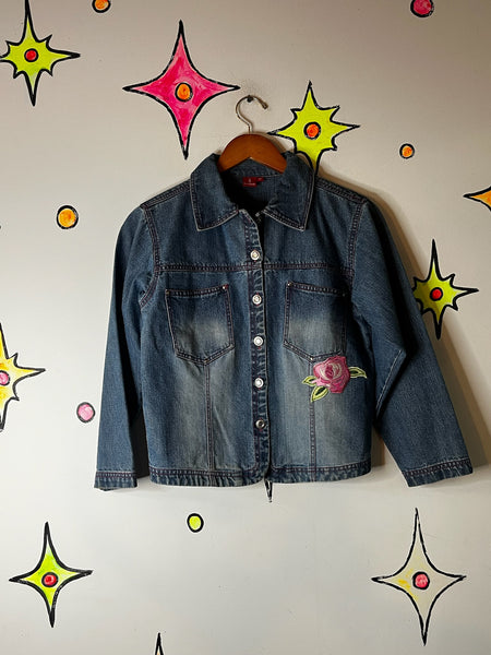 Vintage Y2K Embellished Denim Jean Jacket | ANGEL Roses Patches | Coquette | S