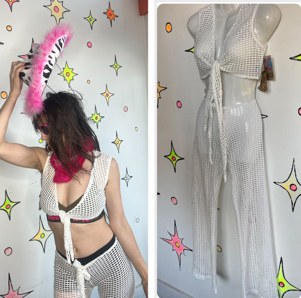 Vintage 90s | Deadstock White Mesh Halter and Low Rise Flares 2 Piece Set | S