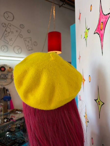 Bright Yellow Wool-Blend Beret Kawaii Whimsigoth Fairy Grunge Hat Accessory