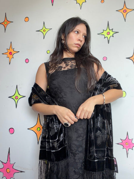 Black Velvet Burnout Fringe Scarf Flapper Old Hollywood Goth Fairycore Glam