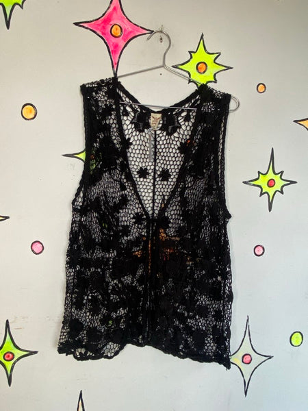 Black Crochet Floral Vest Faded Glory Whimsigoth Boho Layering XL+