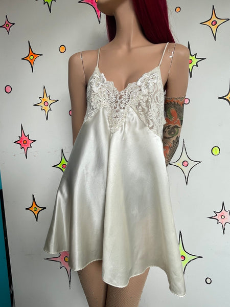 Ivory Satin & Lace Beaded Slip Dress Romantic Fairy Whimsy Grunge Mori Kei M
