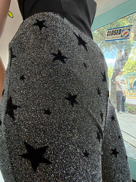 Silver Metallic Velvet Star Bellbottoms Disco Pants Glam Witchy Groovy S