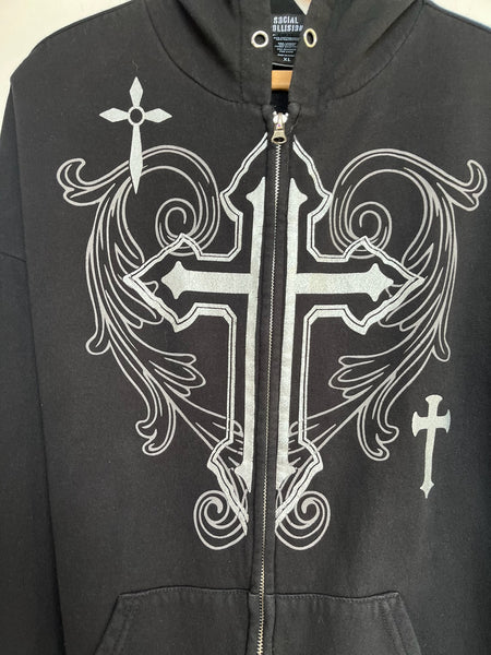 Vintage Y2K Black Mall Goth Grunge Fairy Tattoo Print Romantic Cross Hoodie XL+