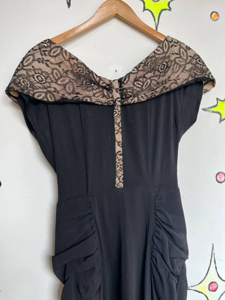 1950s Black Mermaid Wiggle Cocktail Dress | Cascade Ruffles | Old Hollywood | ML