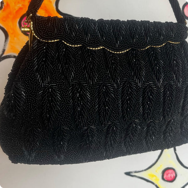 Vintage 1950s Fully Beaded Goth Glam Old Hollywood Purse Black Gold Bag Handbag