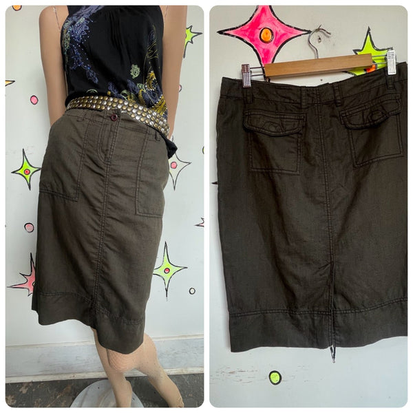 Y2K Low Rise Military Green Utility Cargo Skirt Linen Blend Emo Fairy Grunge M/L