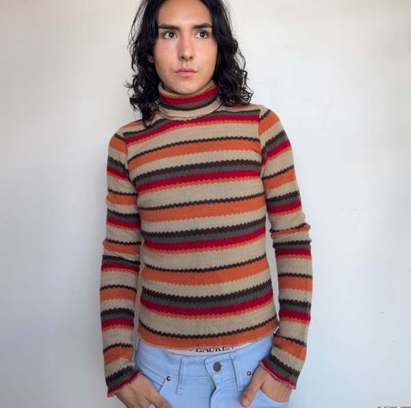 Vintage 90s Striped Fuzzy Turtleneck Sweater Cozy Grunge Y2K Knit S