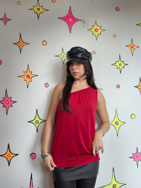 Y2K Red Asymmetrical Top | Indie Sleaze Fairy Grunge Going Out Stretch Blouse L
