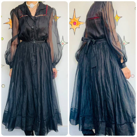 Antique 1910s | Black Sheer Tulle Gown Dress | Edwardian Vintage | Witchy Goth S