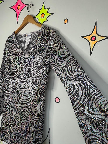 60s Style Psychedelic Gogo Mini Dress Groovy Mod Bell Sleeve 70s Disco M